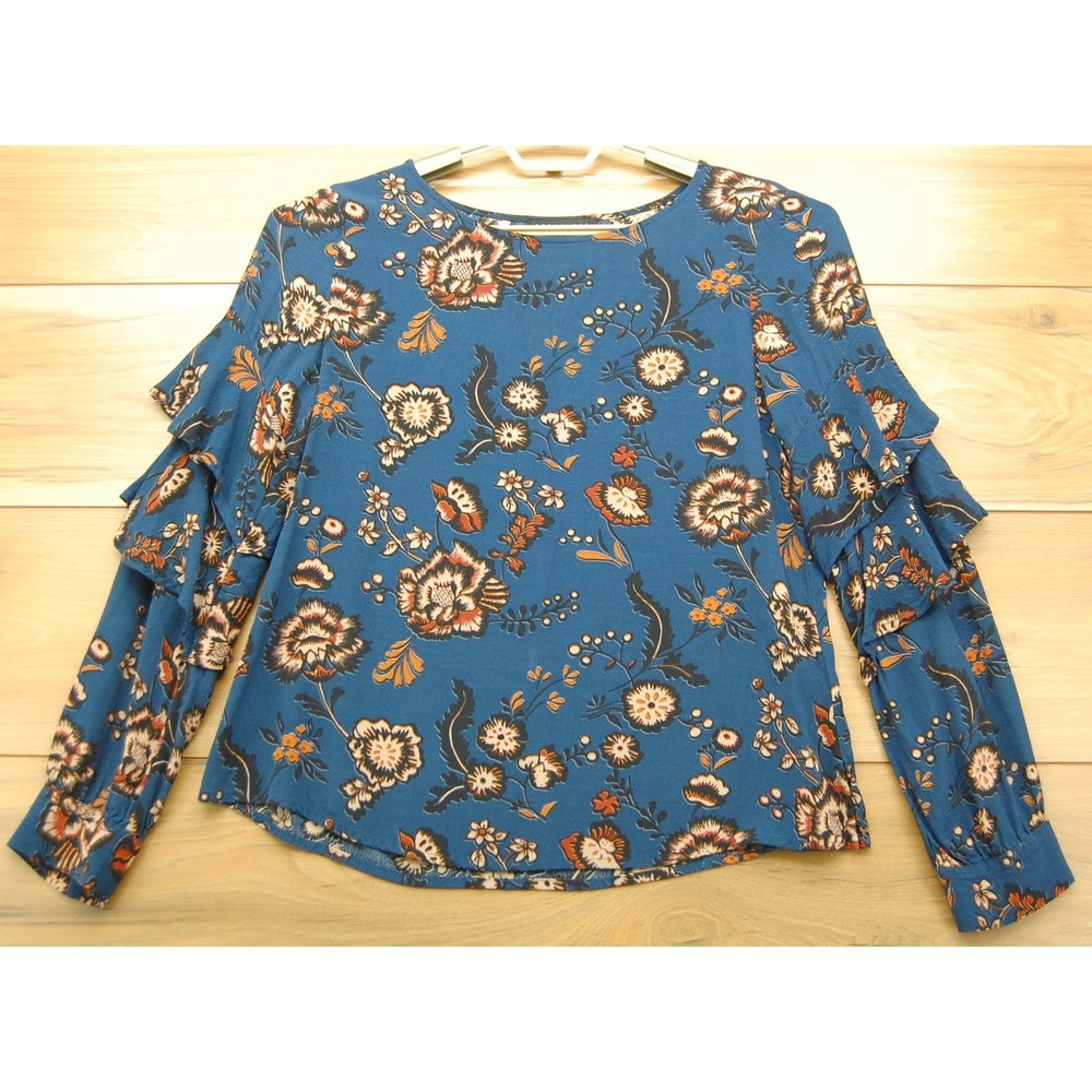 Sanctuary Shirt Womens Small‎ Blue Floral Ruffle Sleeve Blouse Long Sleeve Rayon